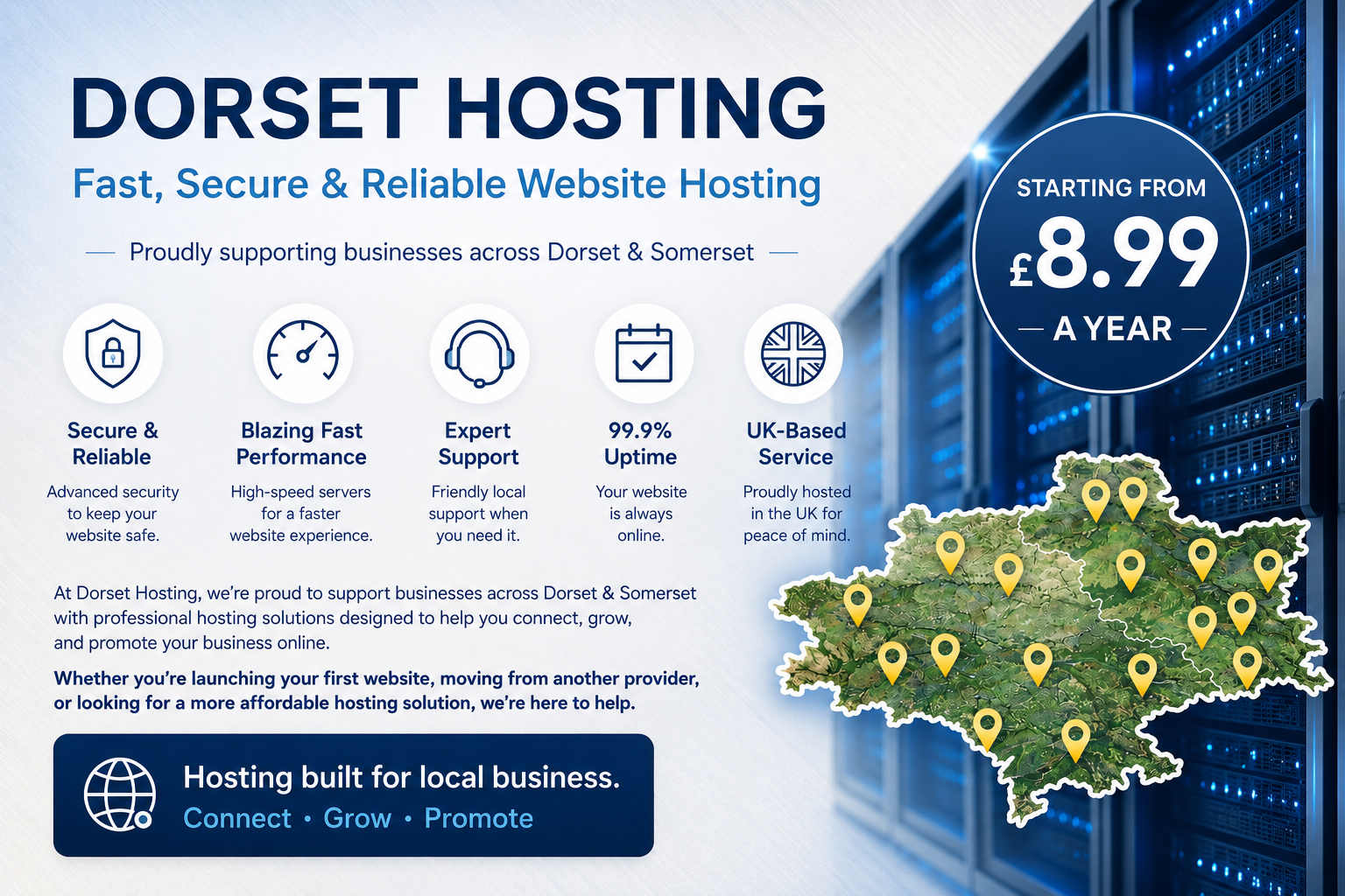 Dorset Hosting website hosting graphic with UK server and Dorset map