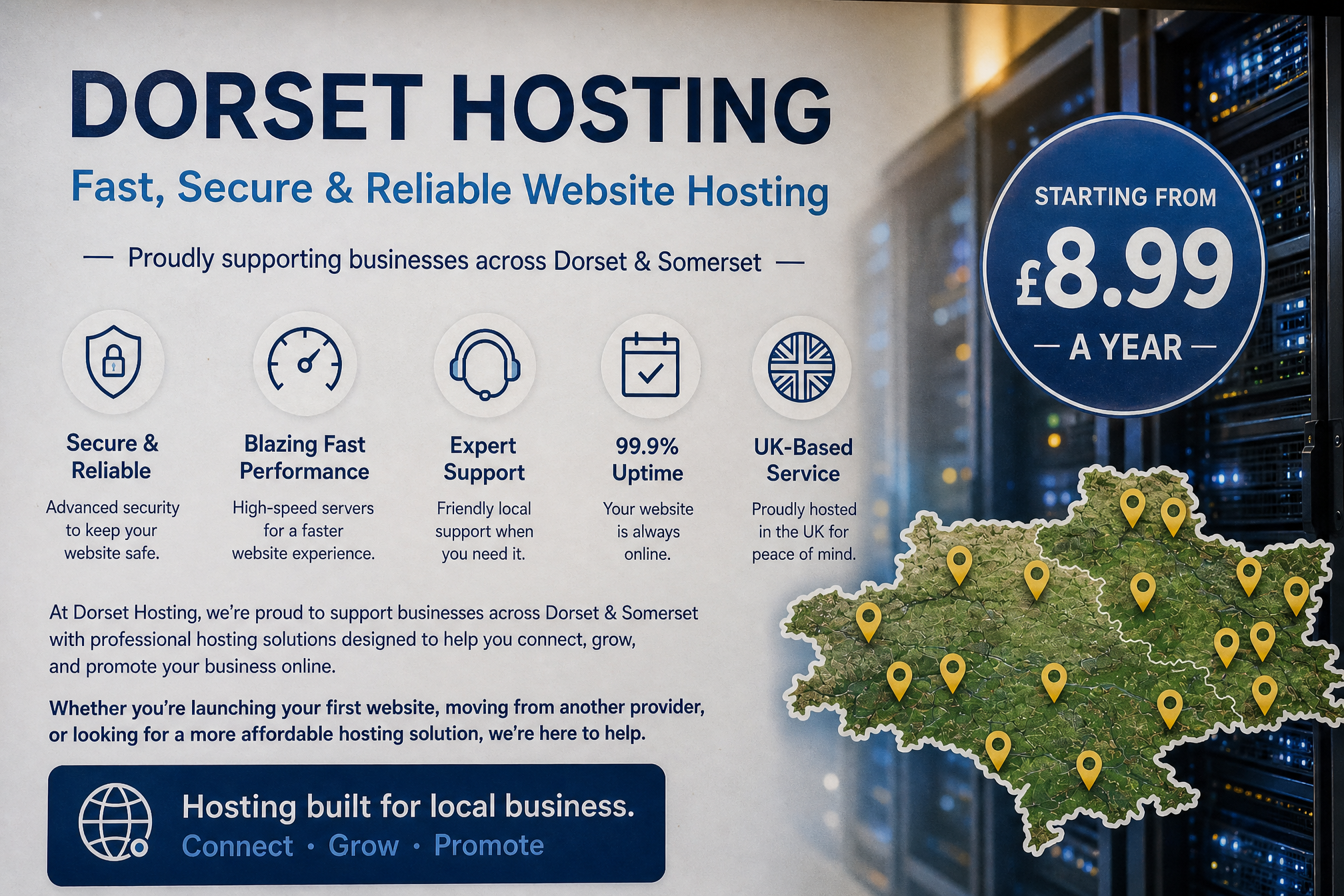 Dorset Hosting local business hosting message with Dorset map